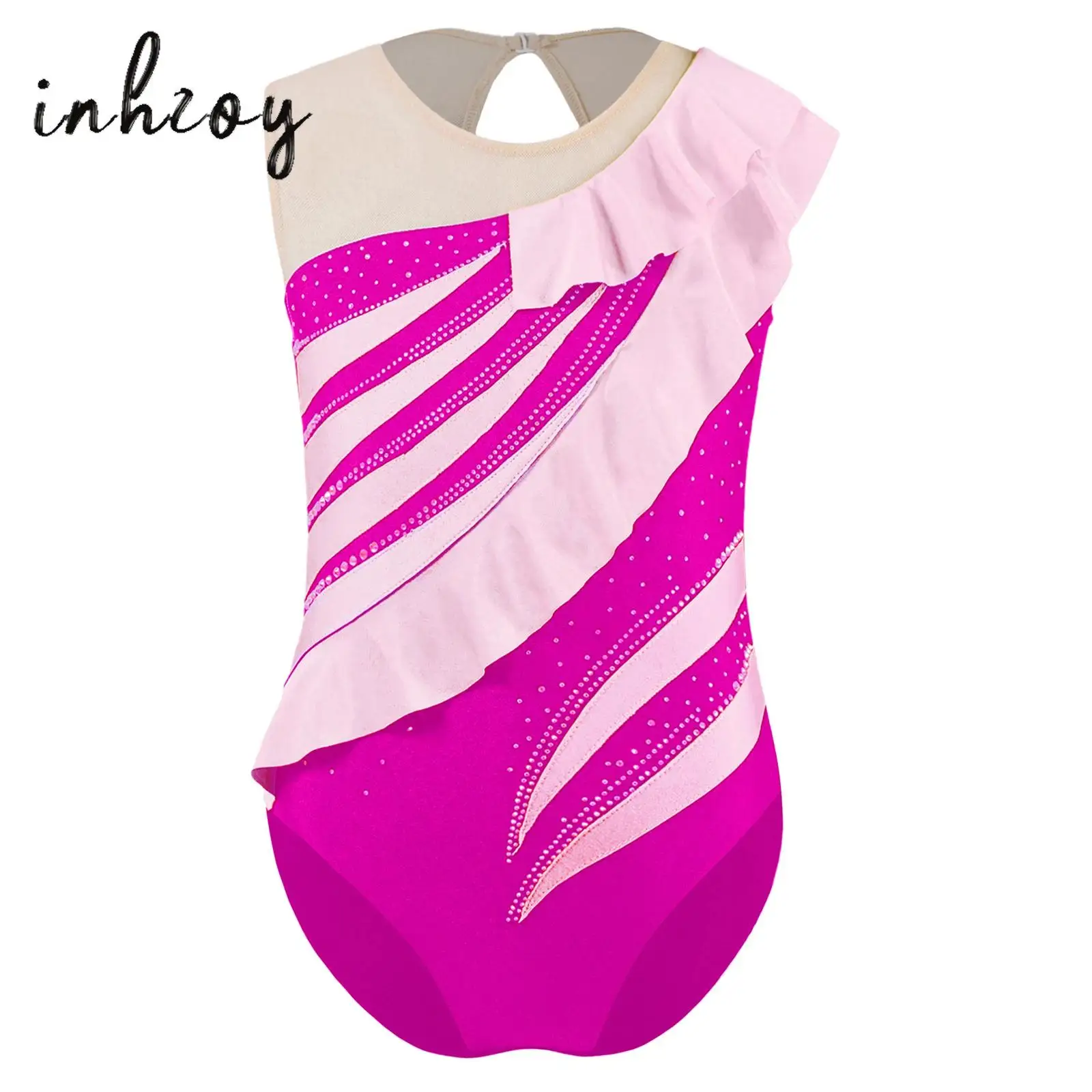 Kid Girl Ruffles Ballet Jersey Rhythmic Gymnastics Leotards Sleeveless Rhinestones Cutout Back Artistic Skating Bodysuit Unitard