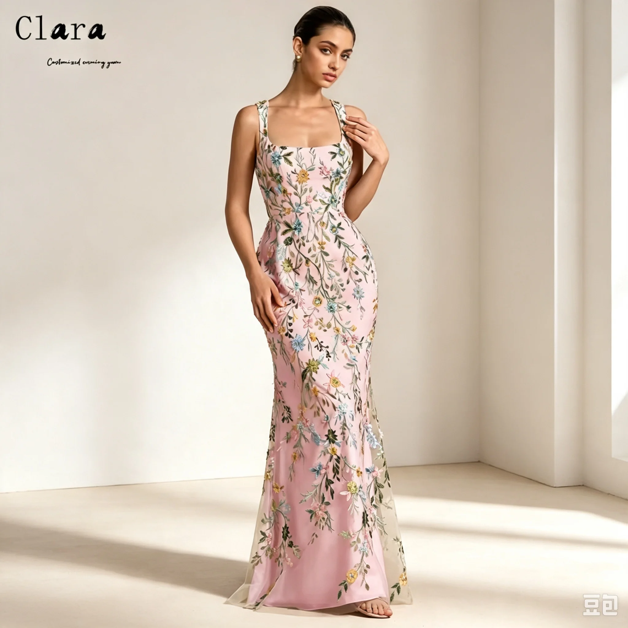 Clara Custom Fishtail Square Neck Lace Pink Elegant Evening Dresses for Woman Luxury Women's Evening Dresses for Events Party