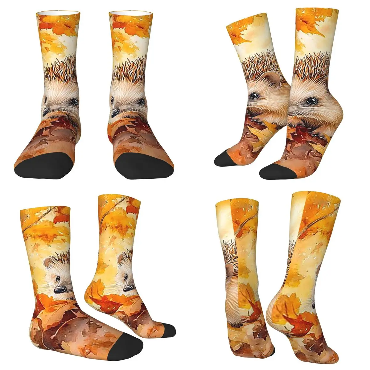 All Seasons Crew Stockings Hedgehogs Autumn Leaves Designed Socks Casual Long Socks for Men Women Valentine's Day Gifts