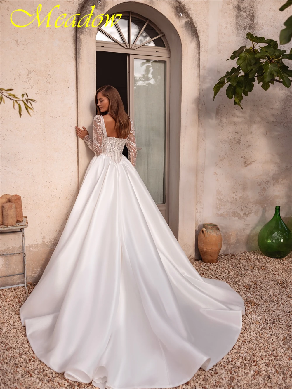 Customized Boho White Satin Wedding Dress Sexy Square Collar Long Sleeves Bridal Gown Soft A-Line Chapel Train Vestido De Novia