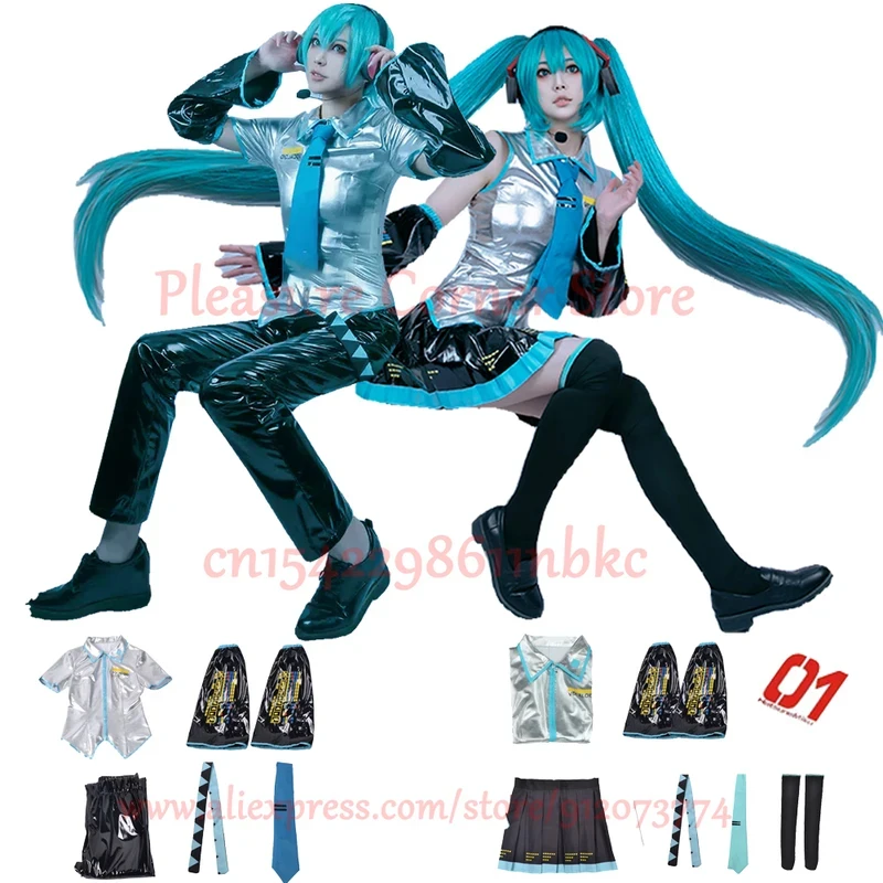 COSMiku Cosplay Full Set Silver Grey Patent Leather Fabric Suit Miku Cosplay Shoes Headwear Costume Outfit JK uniform Cosp view 4