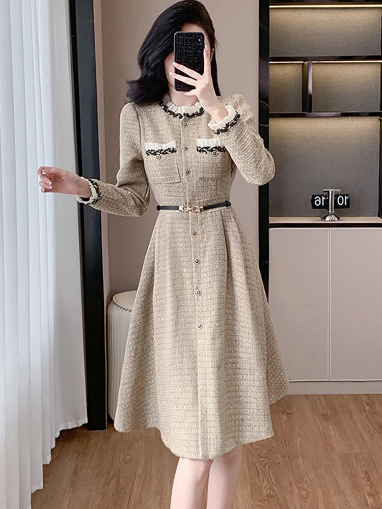 

2024 Plaid Bodycon Long Sleeve Midi Dresses Autumn Winter Elegant Ruffled Collar Dress Women Korean Chic Party Dress and Events