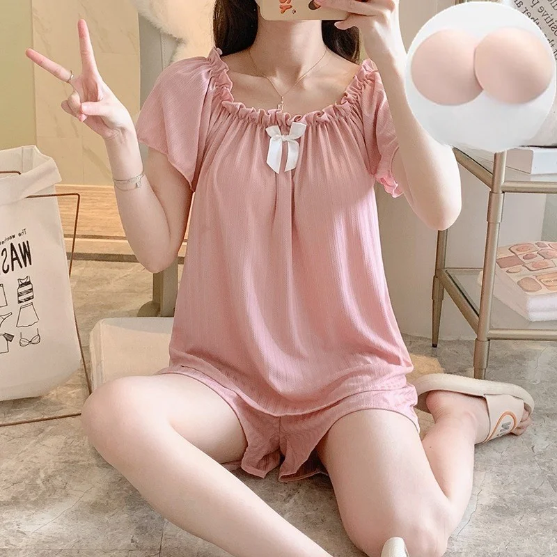 

Summer Women's Sleepwear Short Sleeve Home Clothes with Chest Pad Cute plus Size Can Be Worn outside Cotton Sweet Style