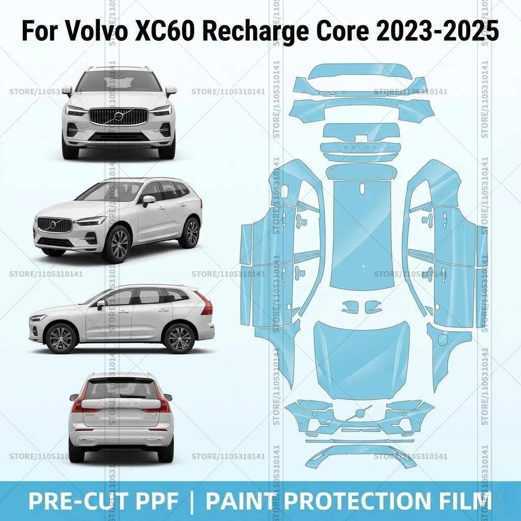 

Для Volvo XC60 Recharge Core 2023-2025: Предварительно вырезанная прозрачная защитная пленка (PPF) для автомобиля, полный комплект для всего кузова