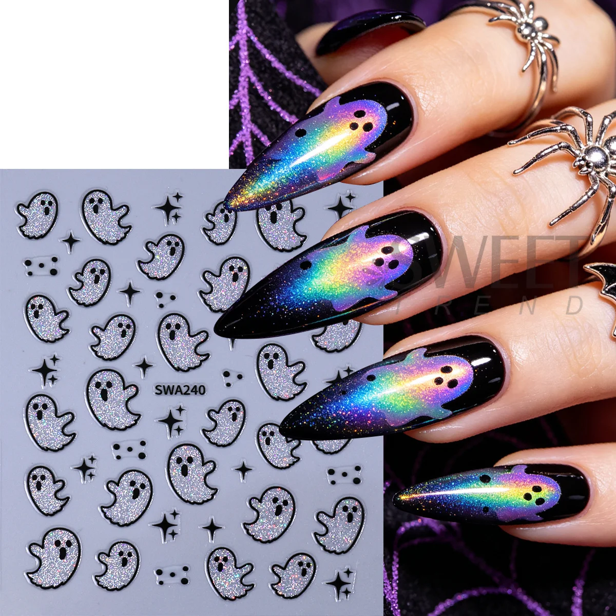2pcs Rainbow Silver Ghost Nail Sticker Shimmer Laser Spooky Star Design 3D Decals Adorable Halloween Party Foils Manicure Decor