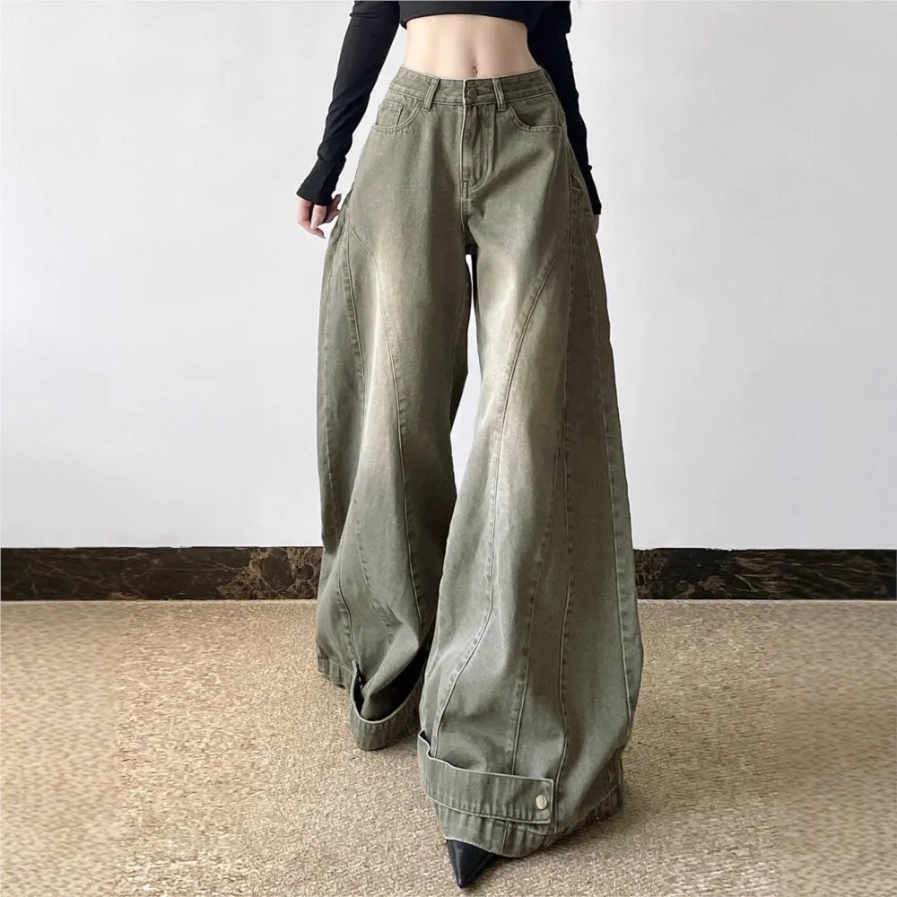 American Women's Clothing High Waist Flared Denim Trousers Retro Solid Color Loose Simple Street Style All-match Casual Trendy