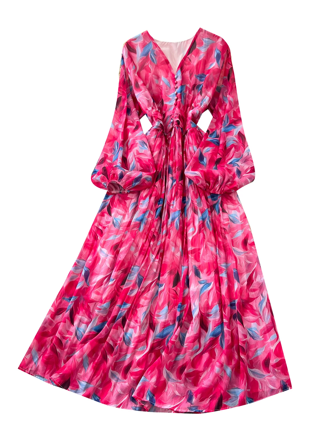 Retro V-Ne Lantern Sve Waist-Cinching Dr Ele Slimming Print Long Dr Korean Sle High Waist A-Line Skirt