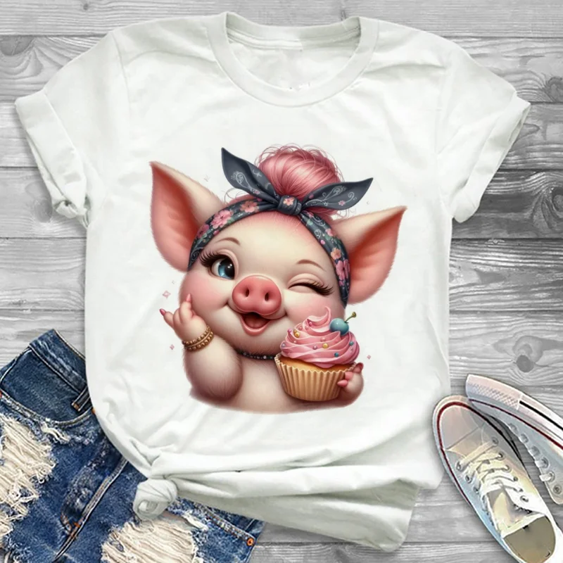 

T-Shirt Casual Street Ladies Cute Animal Pig Pattern Cartoon Style Printed O-Neck Short Sleeved Top Ladies Summer White T-Shirt