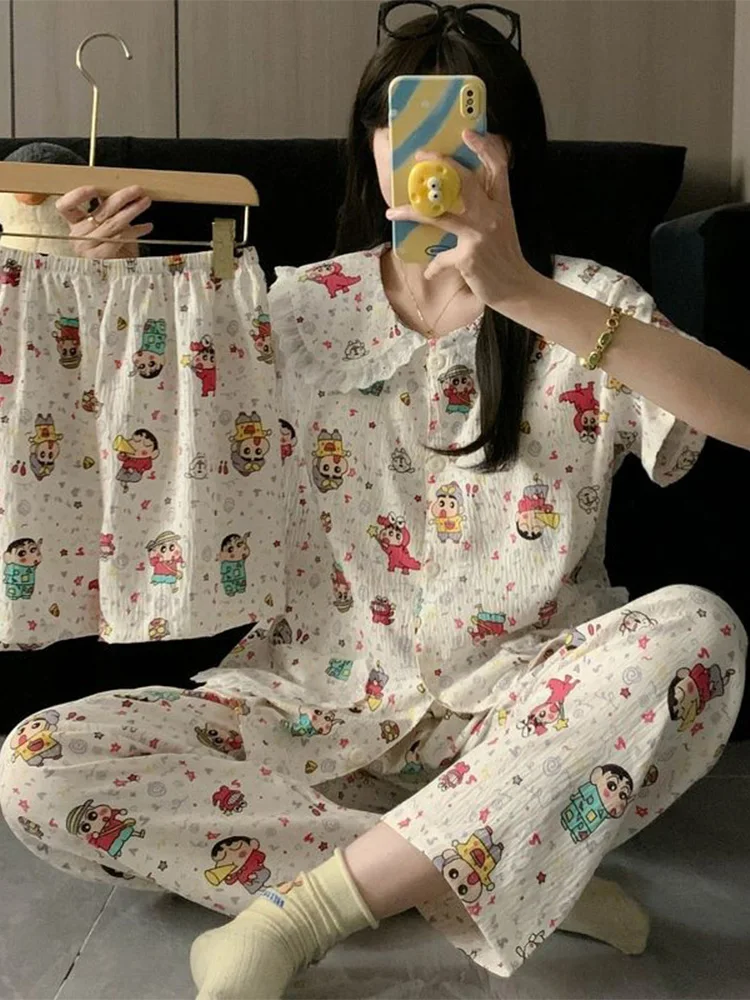 

Кружевной комплект большого размера для женщин, летняя футболка из чистого хлопка с милым мультяшным воротником, удобный домашний костюм