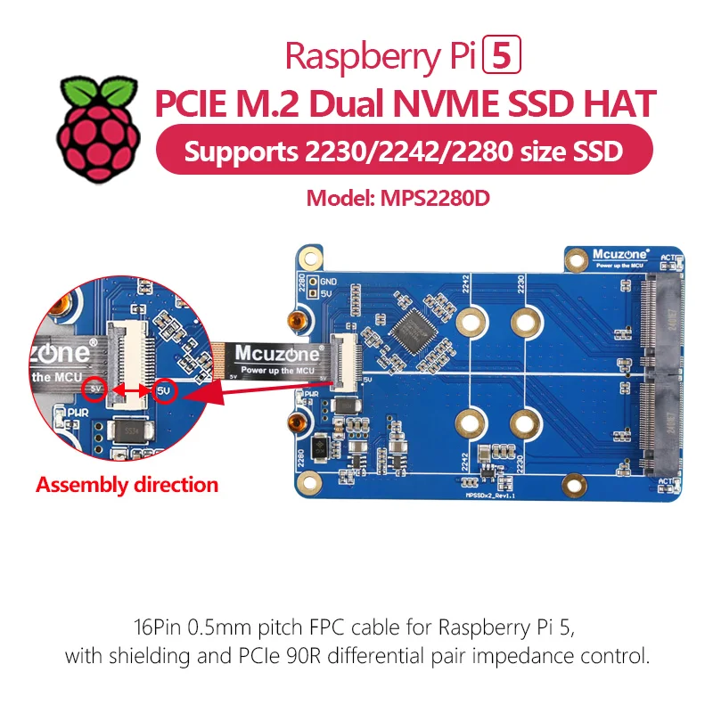 MPS2280D Raspberry Pi 5 PCIE M.2 Dual NVME SSD HAT support 2280/2242/2230 SSD