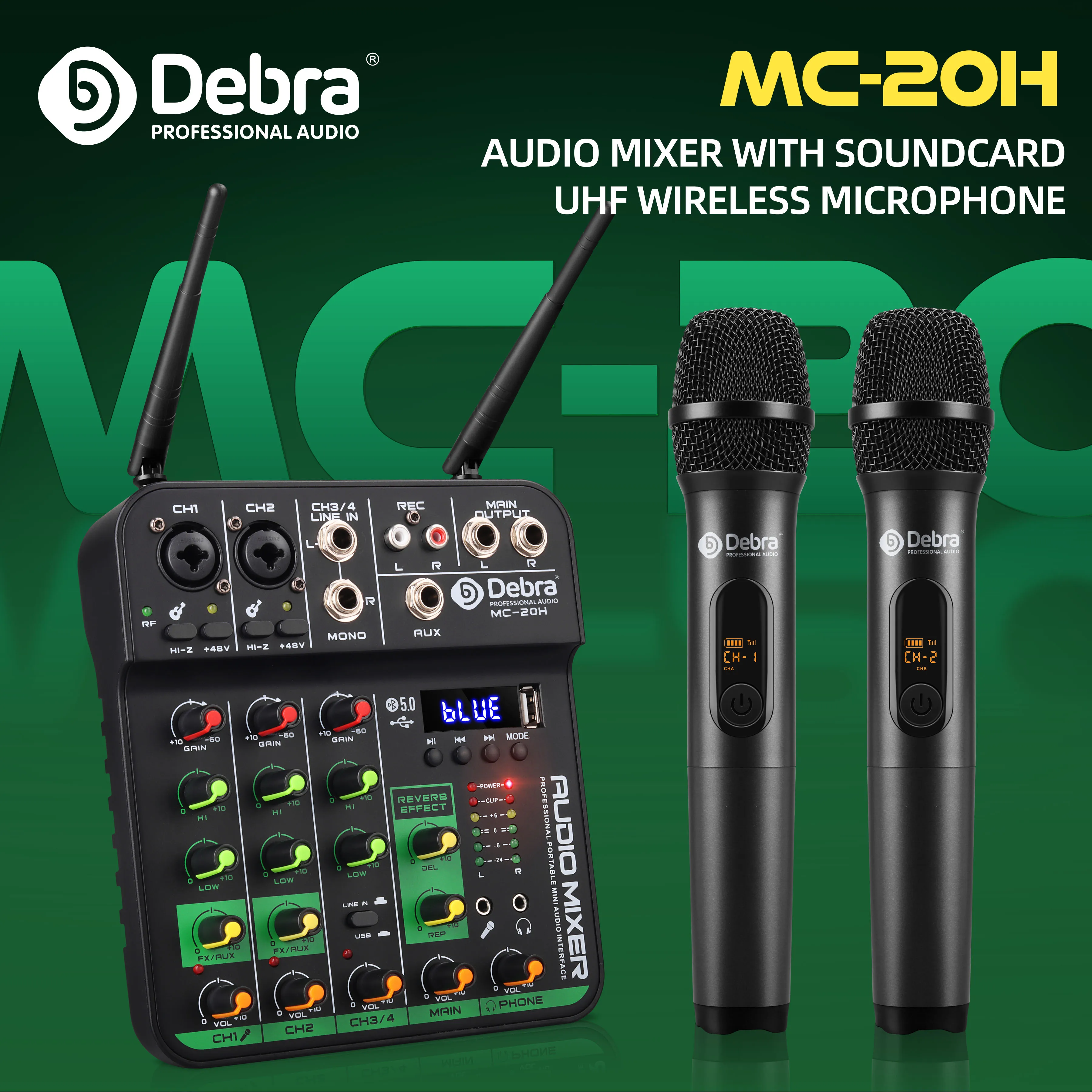 

Debra MC-20H UHF Wireless Microphone DJ Console Audio Mixer With SoundCard Bluetooth 5.0 For Karaoke Live Streaming Performance