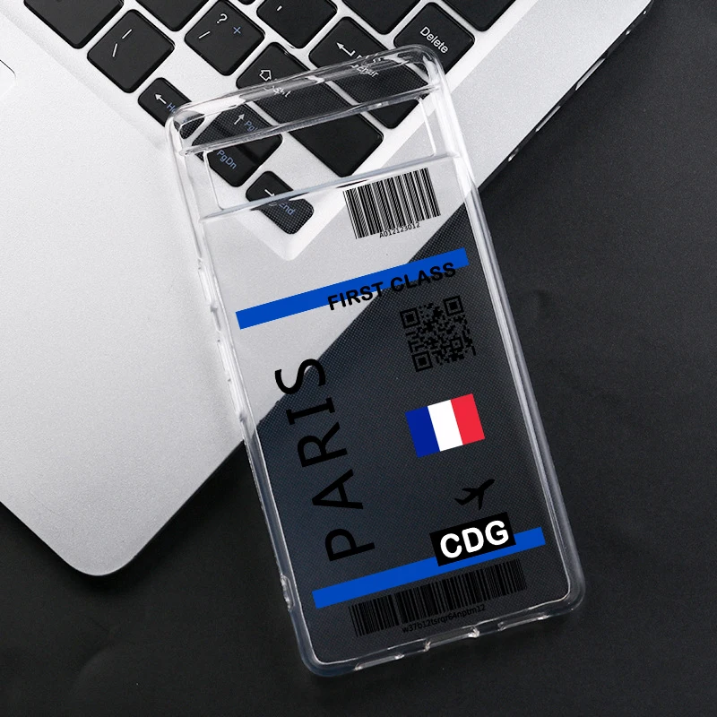 Hot World City Travel Ticket Label Phone Case For Google Pixel 9 Pro XL 8A 8 7 6A 5G Bar Code Transparent Soft Covers Fundas