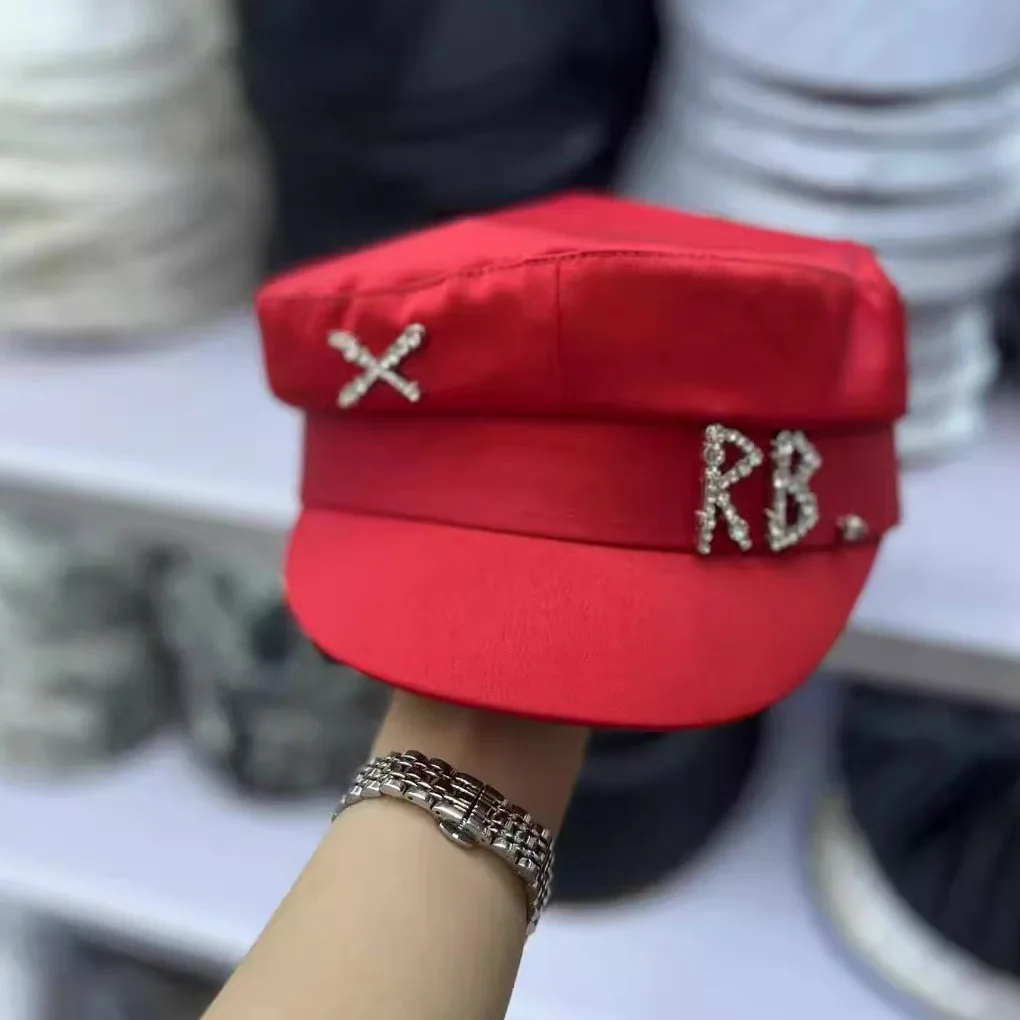Vintage RB Beret Hat for Women Crystal Rhinestone Letter New Silk Satin Newsboy Cap Adjustable Fashion Military Style Headwear