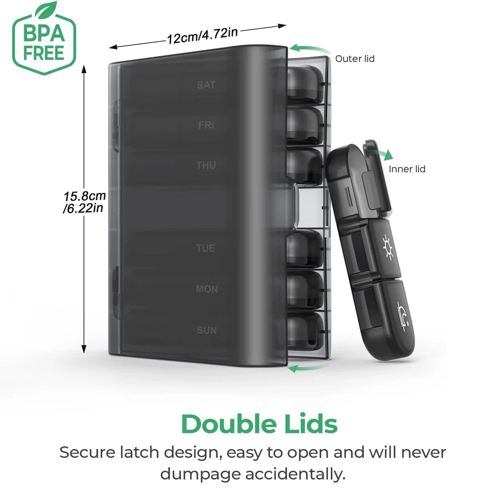 Pill Box 7 Days Organizer 21 Grids 3 Times One Day Portable Travel with Large Compartments for Vitamins Medicine Fish Oils