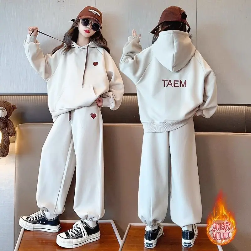 Girls Winter Autumn Fashion Ins Ootd Korean Style 2Pcs Thick Warm Hoodie+Pants Sports Suits 6-14 Years Kids Leisure Clothes Sets