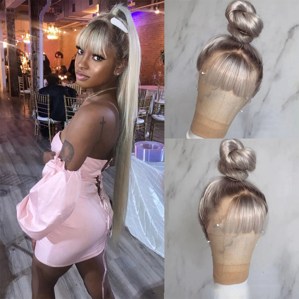 Ash Blonde Full Lace Wigs Pure Brazilian Remy Hair 13x6 Silky Straight Wigs With Bangs Glueless Lace Front Wig Ashy Roots 180%