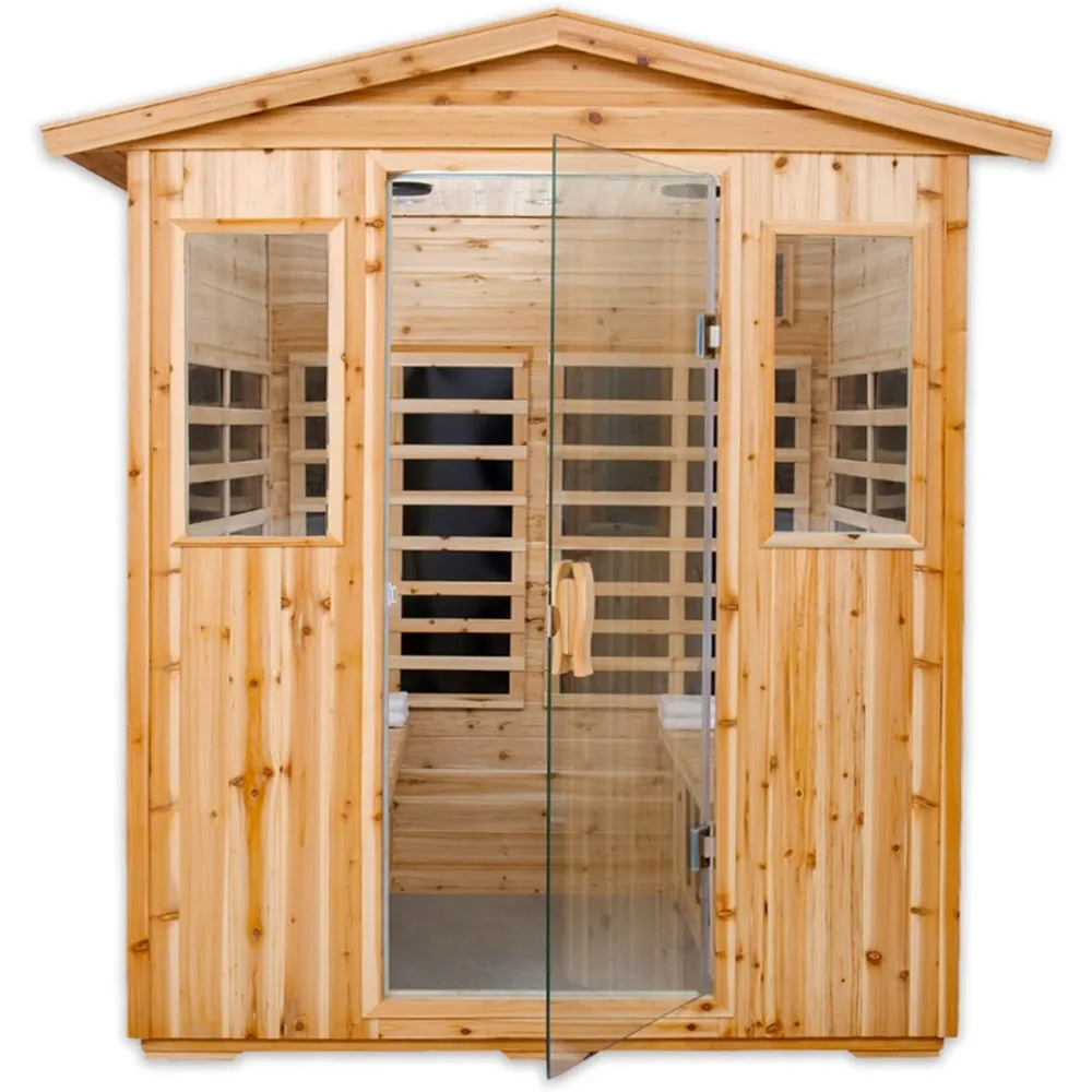 4 Person Far Infrared Sauna with Bluetooth，LCD Control，LED Reading Lamp，Low EMF Wooden Sauna Room for Home，Indoor Home Sauna