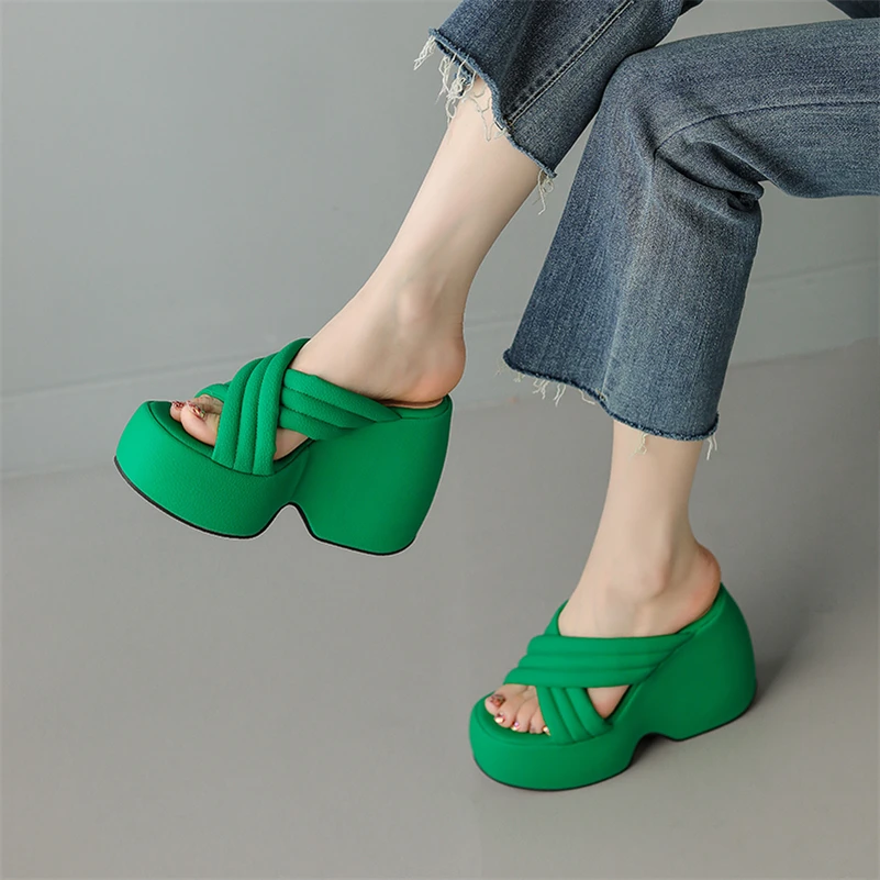 Meotina Women Slides Round Toe Platform Slippers Wedges High Heels Sandals Ladies Fashion Shoes Summer Orange Green Black 43