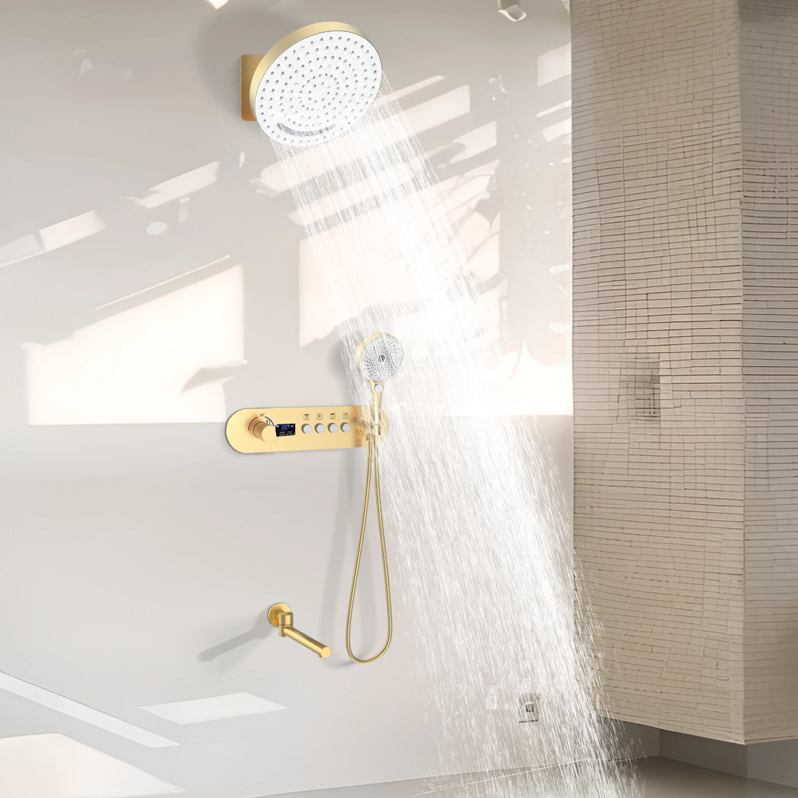 

Bathroom Brushed Gold Bathing Luxury Shower System 4 Functions Thermostatic Digital Display Brass Shower Faucet Set