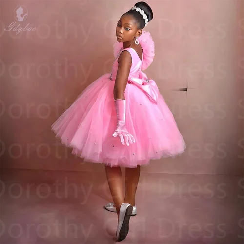 Vestidos de flores personalizados para niña, apliques plateados hasta la rodilla, lazo esponjoso, vestido de princesa para niños, cumpleaños, graduación, boda