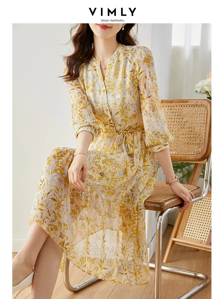 Vimly Chiffon Floral Dress for Women 2024 Spring Vacation Outfit Elegant Vintage Long Sleeve Tie Belt Swing Midi Tiered Dresses