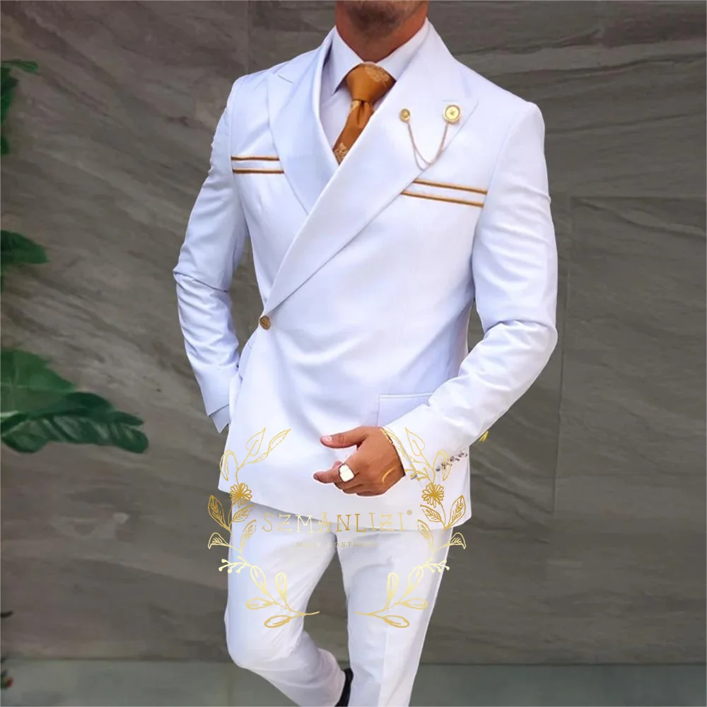 

Новый дизайн, приталенный белый двубортный мужской свадебный смокинг для жениха, деловые костюмы для выпускного вечера, лучший мужчина, пиджак с лацканами, комплекты
