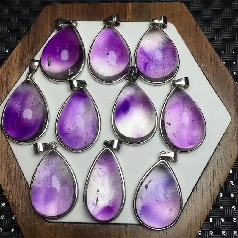 S925 Natural Purple Rutilated Super Seven Quartz Teardrop Pendant Crystal Polishing Mature Charm Jewelry Holiday Gift 23-37MM