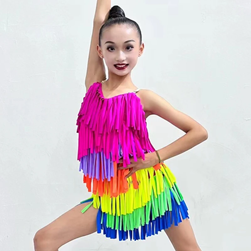 Colorful Fringe Latin Dance Dress Girls Cha Cha Rumba Samba Performance Costume Kids Practice Clothes Competition Dress DNV20620