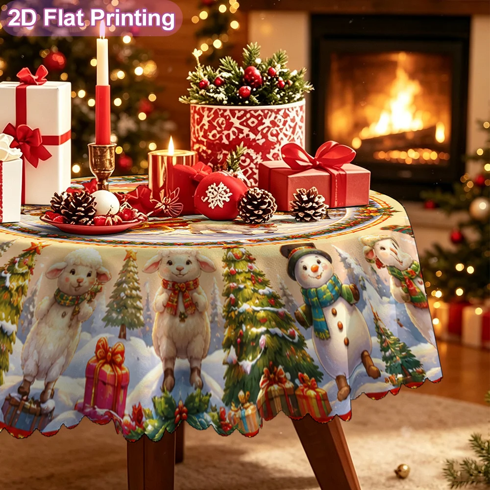 Round winter tablecloth for Christmas and Thanksgiving - Santa Claus Sleigh Snowman Sheep Printed Table Cover