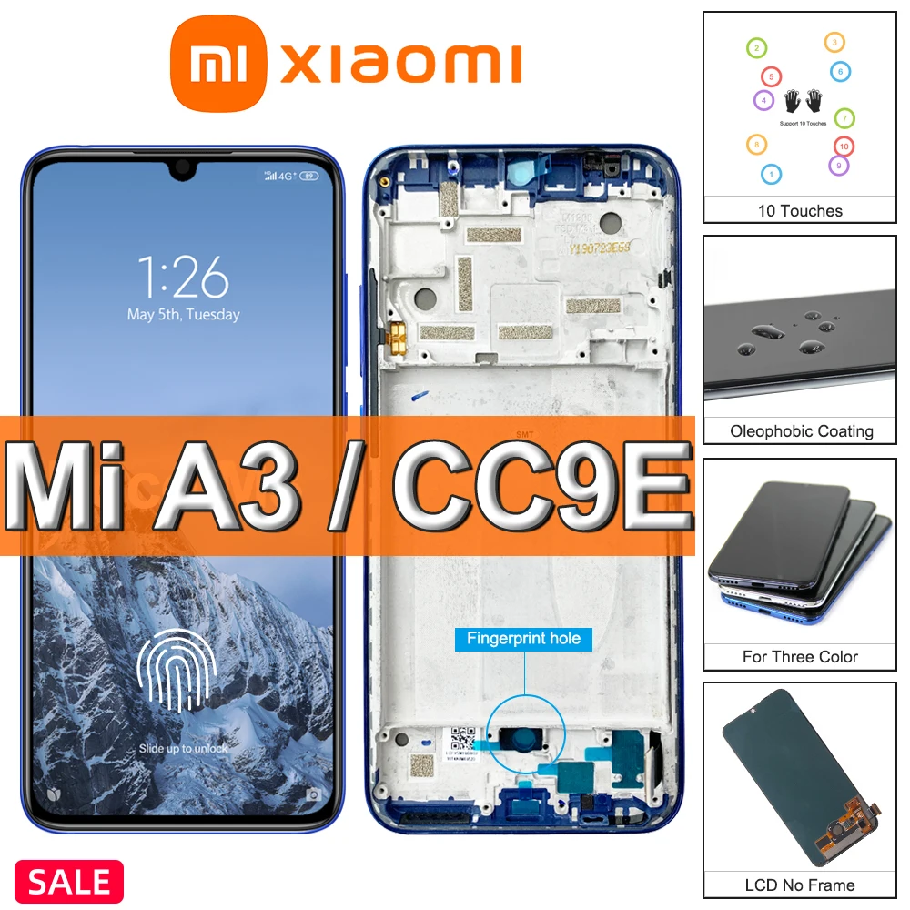 

100% Test Original Xiaomi Mi A3 LCD Display Touch Screen with Fingerprint, For MiA3 XiaomiA3 Xiaomi CC9E LCD Display Replace