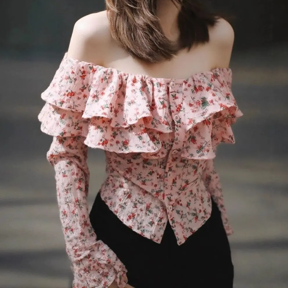 

Sweet Floral Lace Trim Chiffon Shirt Women Spring Pure Desire Shoulder Bared One Shoulder Top Beautiful Pink Shirt Korean