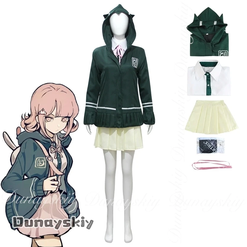 {BankaiMode}Danganronpa II: Trigger Happy Havoc Anime Nanami ChiaKi Cosplay مع شعر مستعار قصير مع سترة خضراء تنورة كوس زي
