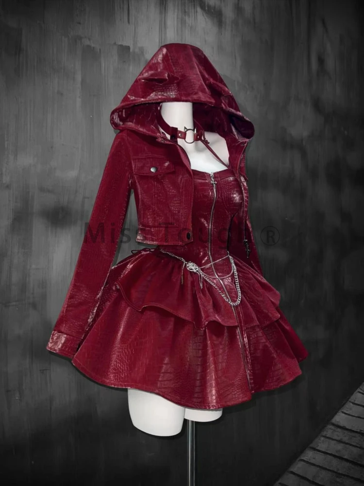 Winter French Retro Halloween Red 2 Piece Sets Hooded Short Coat +  Hang Neck Slim Dress New Fashion Vintage Leather Suits Women