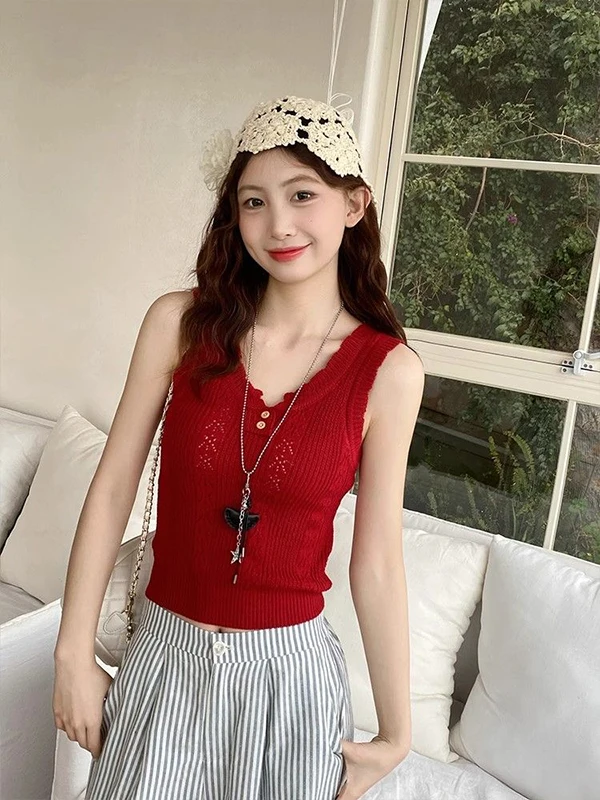 سترة صيفية نسائية بدون أكمام منسوجة باللون الأصفر، قميص داخلي جميل، ملابس خارجية، تصميم جديد، نمط أيلين العملي، قصة ضيقة #4