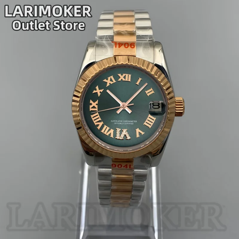 

LARIMOKER 31 мм женские часы из розового золота NH15 с римскими цифрами и безелем, ремешок президента, зеленый и коричневый циферблат, сапфировая сталь, часы для дайвинга