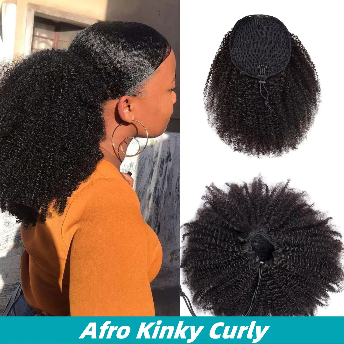 

Накладной хвост на резинке из натуральных волос Remy, афро-кудрявый, 12-24 дюйма, монгольские кудри, на клипсах