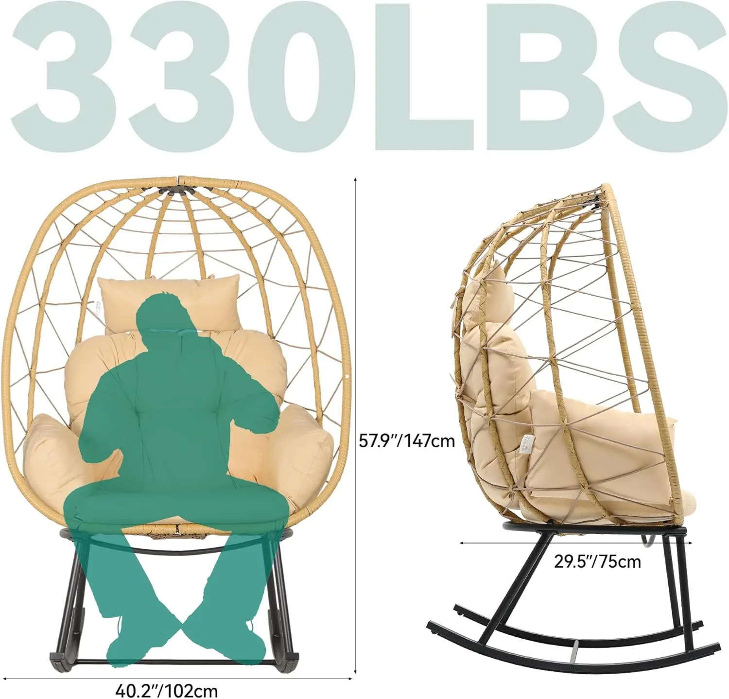 Anyaman kursi telur goyang, teras luar ruangan kursi goyang dengan kenyamanan bantalan, kapasitas 330lb, anti-selip, semua cuaca tangguh