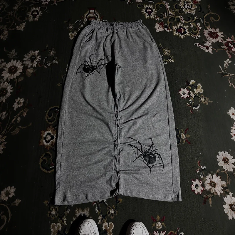 

Y2K Loose Casual Pants Black Spider Pattern Printing Versatile Elastic Waist Sweatpants Men Women Comfortable Fashion Streetwear