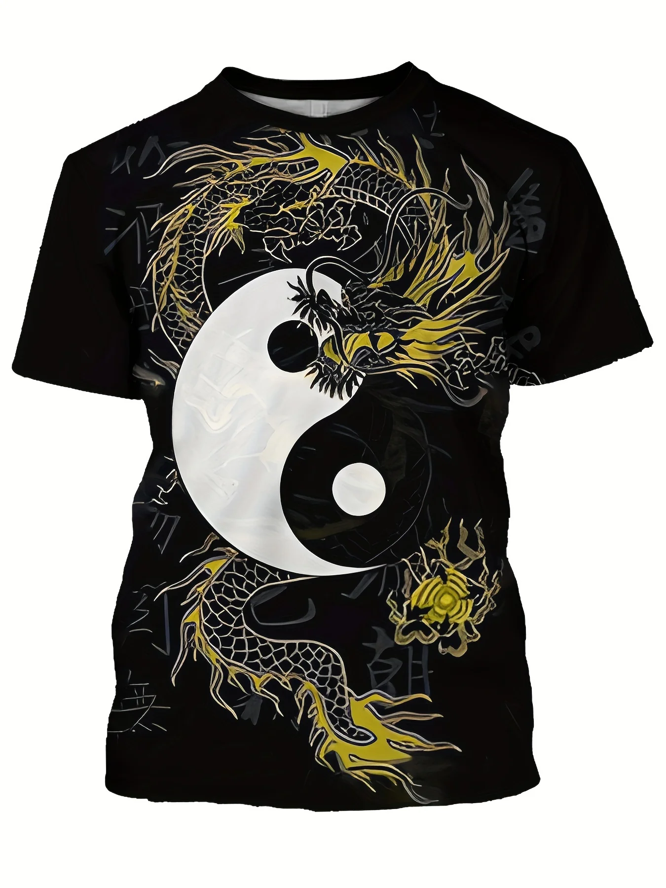 Men's Dragon and Hexagram Print Short Sleeve Crew Neck T-shirt, Casual Stylish Tee As Gift