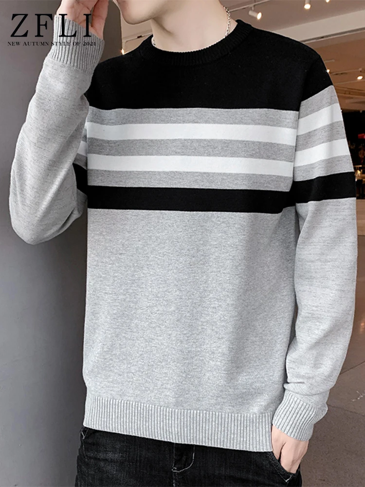 

2023 Autumn Striped Knitted Sweater Men Winter New Round Neck Long Sleeve Loose Casual All-match Pullovers Tops Knitwear A232