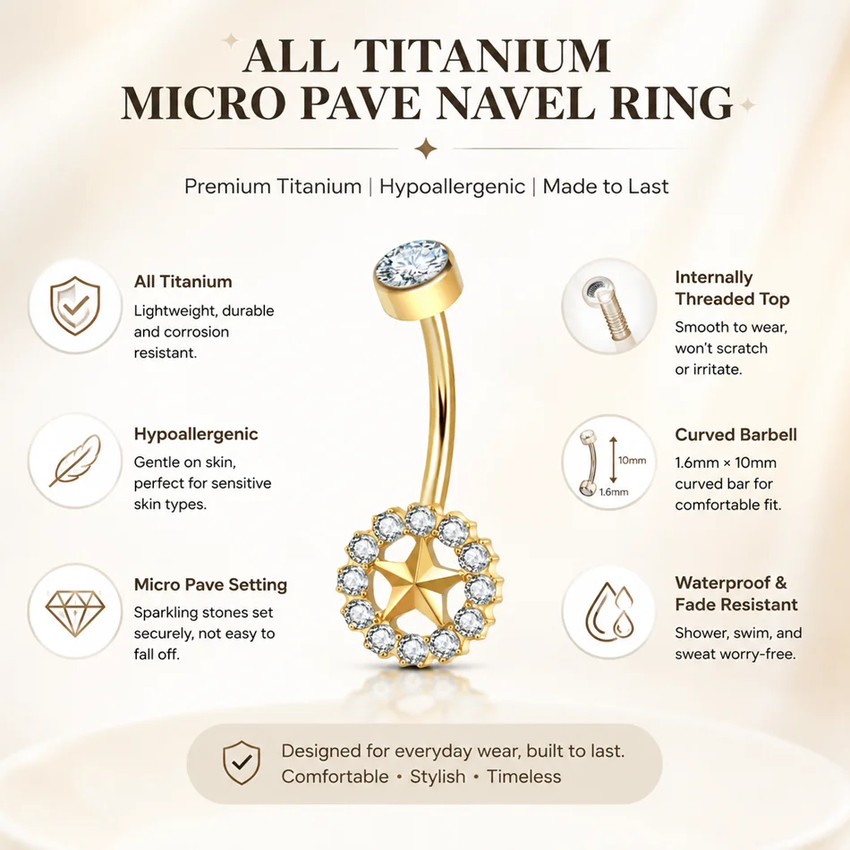 ASTM F136 Titanium Star Belly Button Rings 14G 10mm Internally Threaded Navel Curve Piercing Barbell Ombligo Piercings Men Women