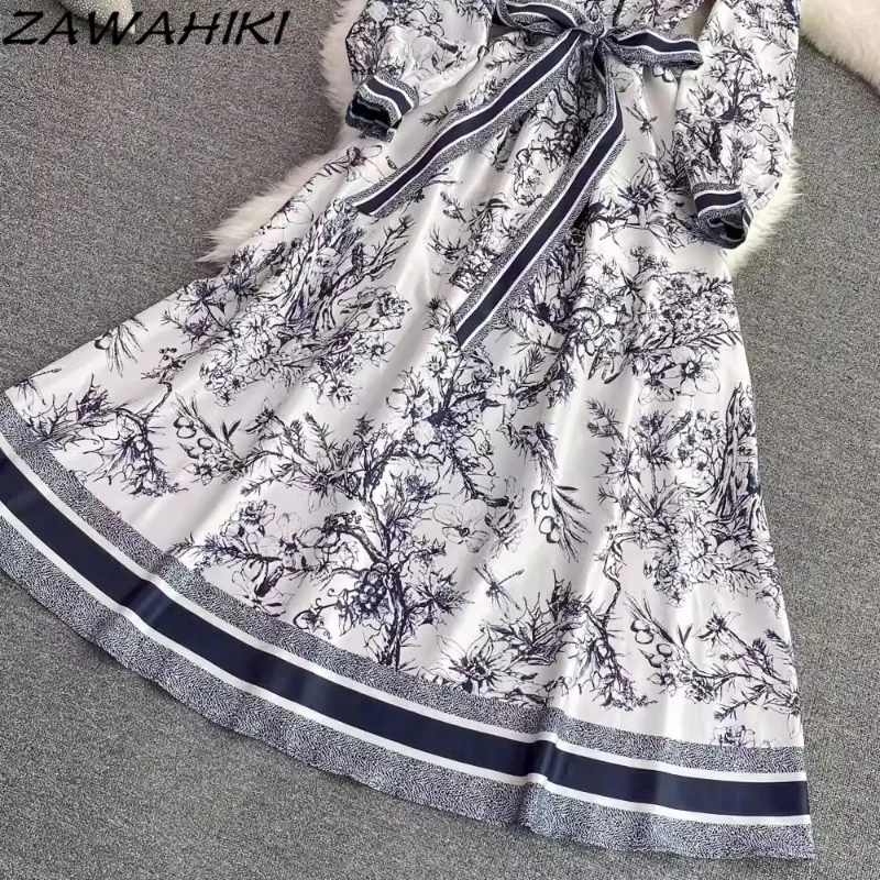 Vestido largo Vintage para Mujer, traje con estampado de vendaje, plisado, con botones, informal, de diseñador, para oficina