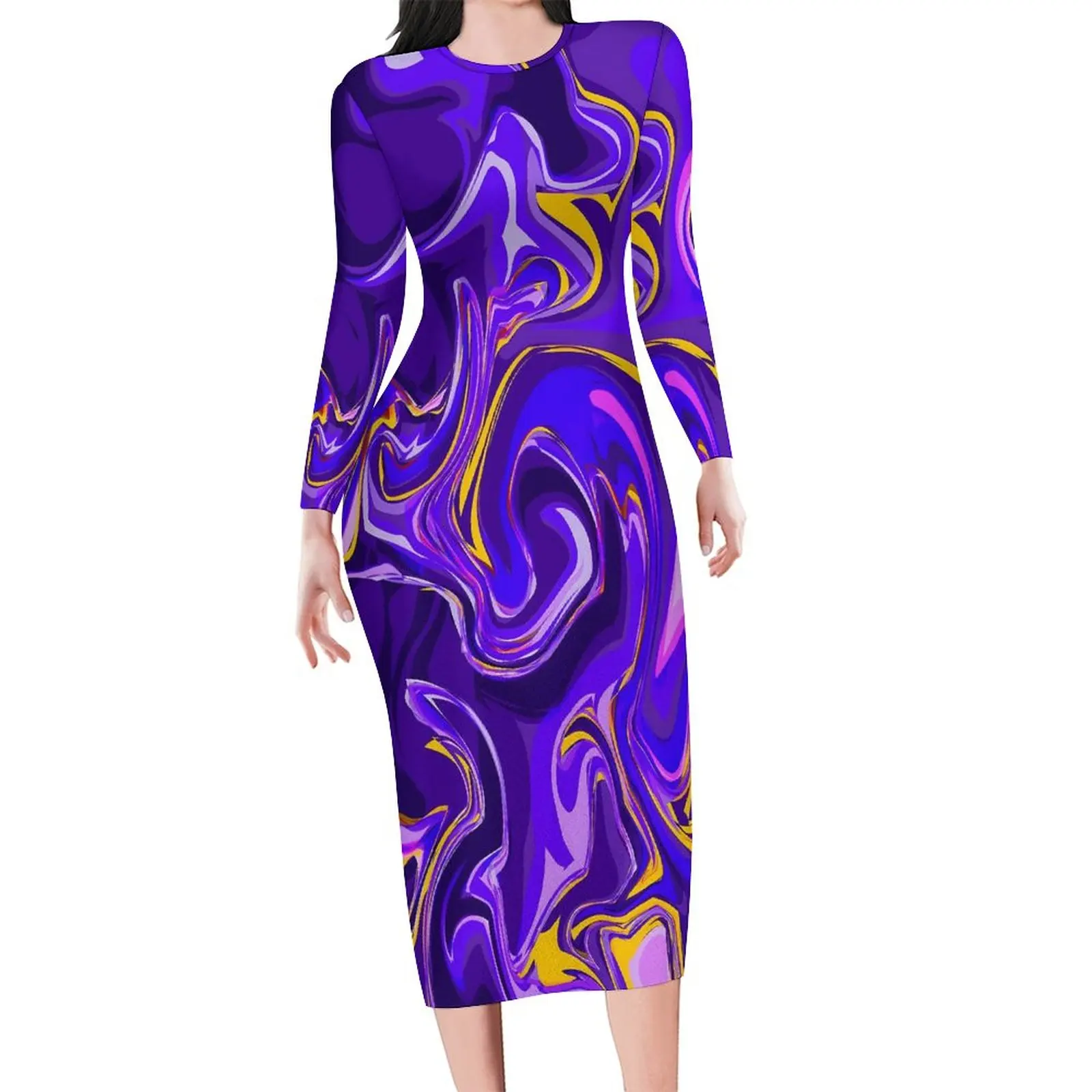 Purple Marble Bodycon Dress Woman Liquid Design Elegant Dresses Summer Long Sleeve Street Fashion Graphic Dress Large Size