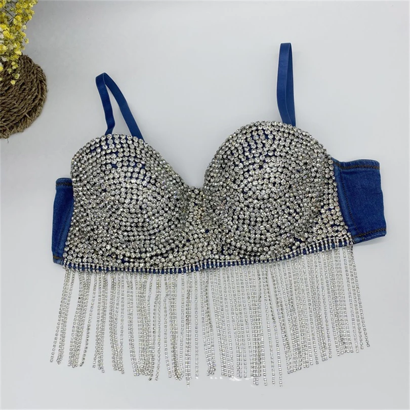 

Denim tanks for women diamonds tassel camisole sexy backless cropped tops nightclub vest push up bustier bra performance costume