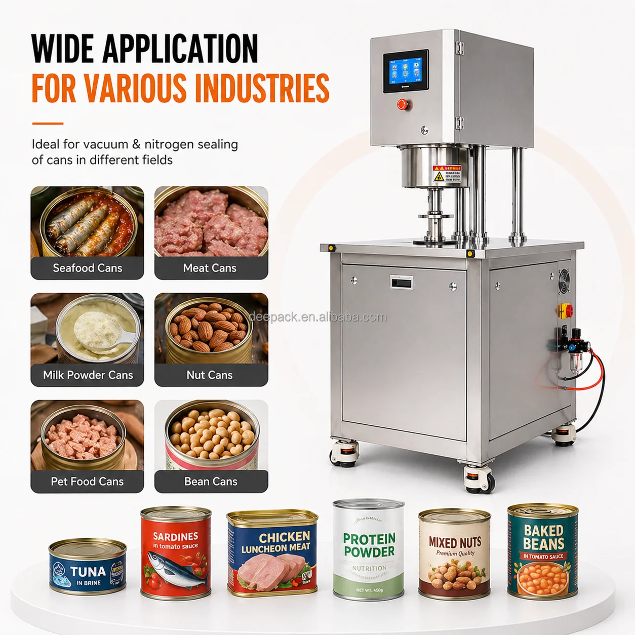 DEEPACK Semi Automatic Vacuum Can Sealing Machine For Food Powder Metal Cans  Flushing Packaging Equipment