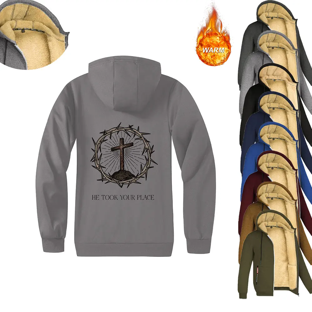 

Thorns and Crosses Print Jacket Men's Thick Fleece Hooded Zipper Front Pockets Windproof Hooded Sportswear for Autumn and Winter