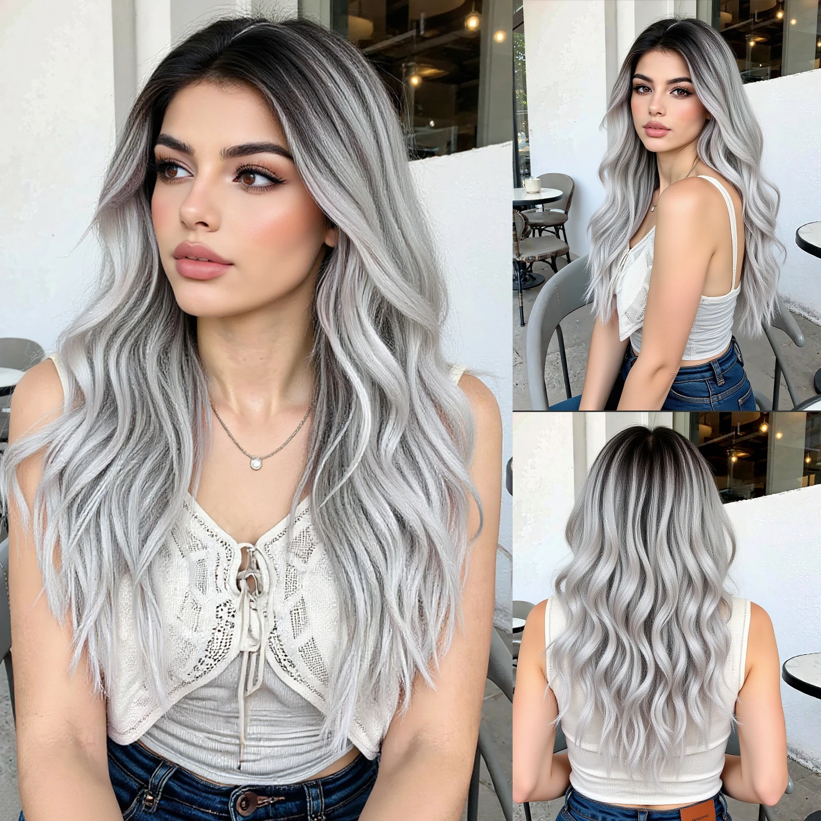 Long Water Wave Synthetic Wigs Silver Gray Ombre Wig Loose Wave Medium Part Hair For Women Daily Cosplay Party Heat Resistant