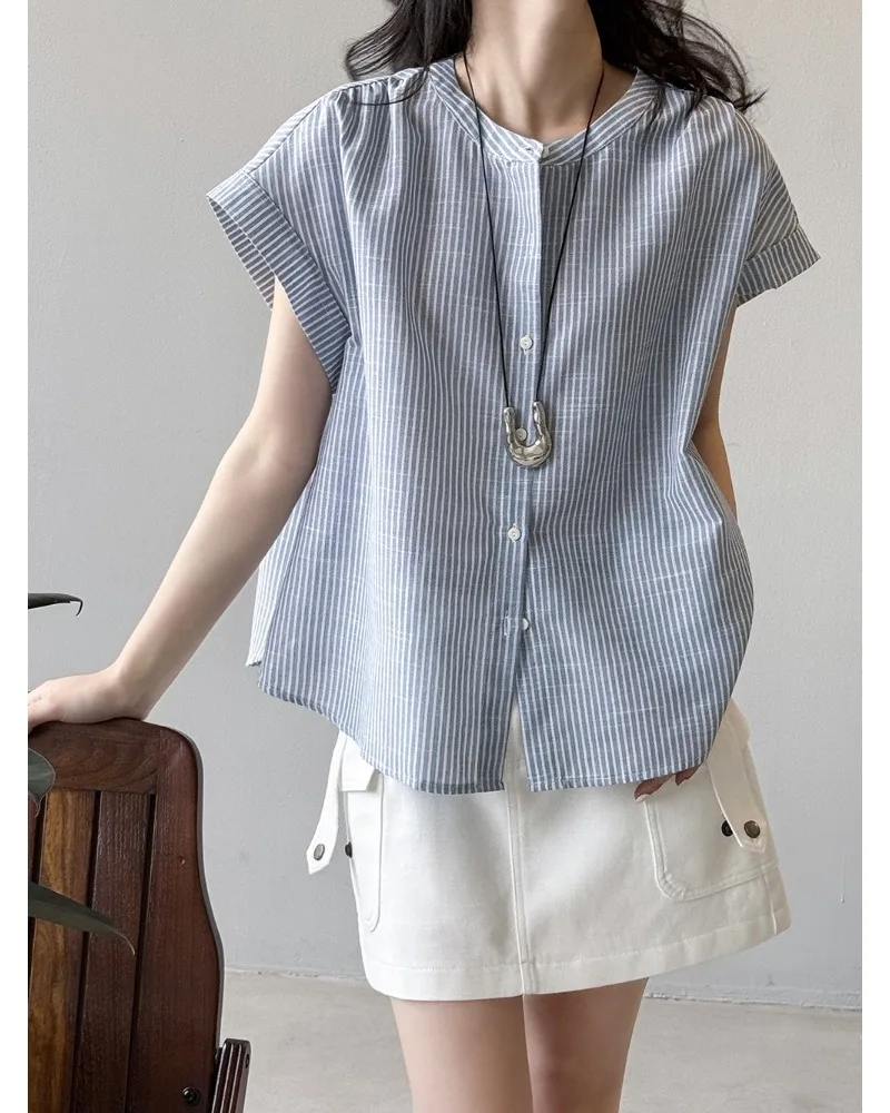 

Fashion Women Tops Fly Sleeve Sun Shirt Blue Striped Top Female Short-sleeved Shirt Temperament Blouse Shirt