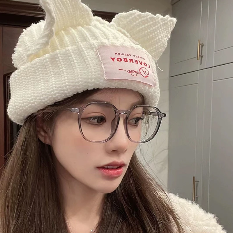 Cat Ear Knitted Wool Hat Hip-hop INS Style Fashion Plush Hooded Cap Wool Cat Ear Hats Winter Warm Decorative Cap Couple Gifts