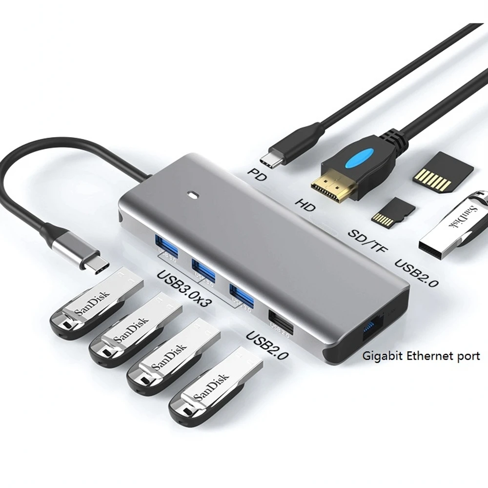 

10 in 1 Type-C Docking Station HD2.0 HD 4K/60Hz Gigabit Ethernet Port USB 3.0 Extension Hub Splitter